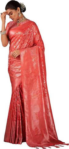 ساري Vardha النسائي النحاسي الوردي Zari Butta Banarasi Art Silk ساري | ساري منسوج | ساري زفاف ديوالي الهندي وبلوزة غير مخيطة in Kuwait