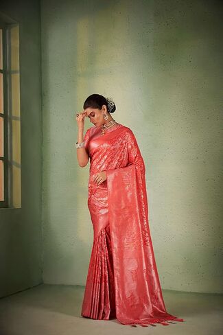 ساري Vardha النسائي النحاسي الوردي Zari Butta Banarasi Art Silk ساري | ساري منسوج | ساري زفاف ديوالي الهندي وبلوزة غير مخيطة in Kuwait