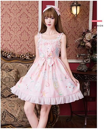 Smiling Angel Sweet Lolita Printed Rabbit Dress Sleeveless Chiffon Lace JSK Princess Dress in Kuwait