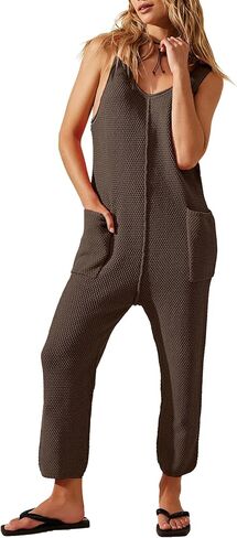 بذلة نسائية من Dongfeng بدون أكمام كاجوال برقبة على شكل حرف V وزرة فضفاضة من قطعة واحدة مع جيوب in Kuwait