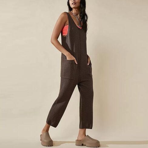 بذلة نسائية من Dongfeng بدون أكمام كاجوال برقبة على شكل حرف V وزرة فضفاضة من قطعة واحدة مع جيوب in Kuwait