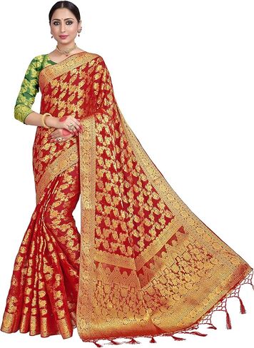 الساري الهندي Vardha للنساء من حرير شيفون باناراسي || هدية الساري الهندي المنسوج لحفلات الزفاف العرقية مع بلوزة غير مخيطة in Kuwait