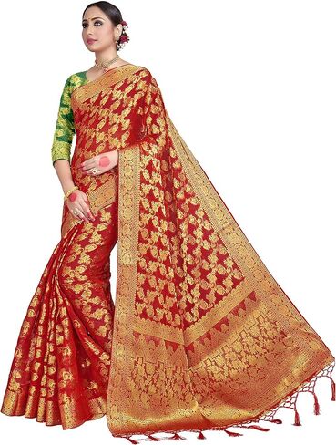 الساري الهندي Vardha للنساء من حرير شيفون باناراسي || هدية الساري الهندي المنسوج لحفلات الزفاف العرقية مع بلوزة غير مخيطة in Kuwait