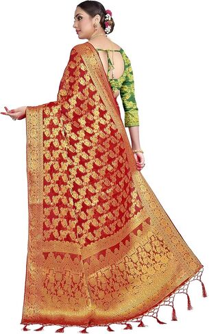 الساري الهندي Vardha للنساء من حرير شيفون باناراسي || هدية الساري الهندي المنسوج لحفلات الزفاف العرقية مع بلوزة غير مخيطة in Kuwait