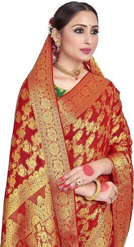 الساري الهندي Vardha للنساء من حرير شيفون باناراسي || هدية الساري الهندي المنسوج لحفلات الزفاف العرقية مع بلوزة غير مخيطة in Kuwait