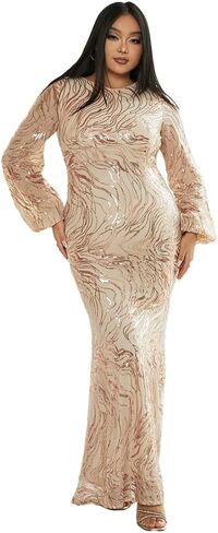 فستان Miss ord نسائي رسمي بمقاس كبير مزين بالترتر ورقبة دائرية طويل على شكل حورية البحر للحفلات الراقصة، بأكمام طويلة على شكل فانوس in Kuwait