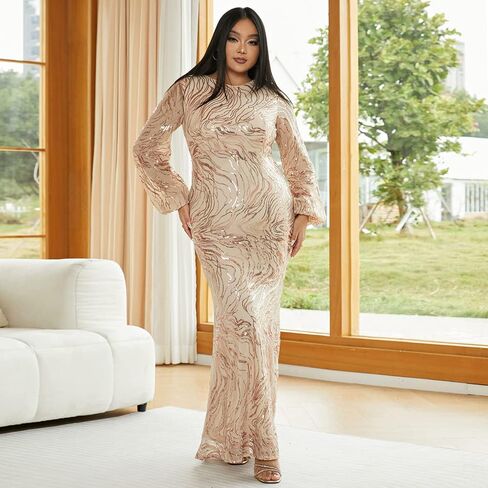 فستان Miss ord نسائي رسمي بمقاس كبير مزين بالترتر ورقبة دائرية طويل على شكل حورية البحر للحفلات الراقصة، بأكمام طويلة على شكل فانوس in Kuwait