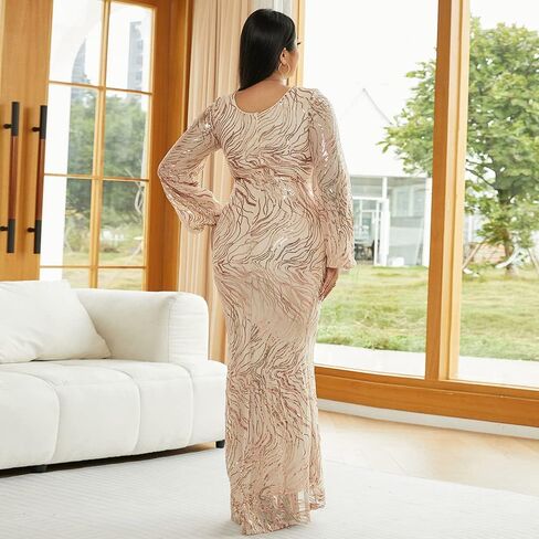 فستان Miss ord نسائي رسمي بمقاس كبير مزين بالترتر ورقبة دائرية طويل على شكل حورية البحر للحفلات الراقصة، بأكمام طويلة على شكل فانوس in Kuwait