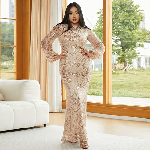 فستان Miss ord نسائي رسمي بمقاس كبير مزين بالترتر ورقبة دائرية طويل على شكل حورية البحر للحفلات الراقصة، بأكمام طويلة على شكل فانوس in Kuwait