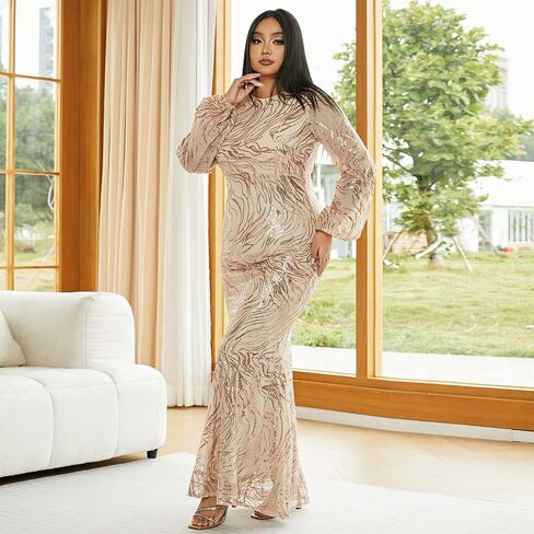 فستان Miss ord نسائي رسمي بمقاس كبير مزين بالترتر ورقبة دائرية طويل على شكل حورية البحر للحفلات الراقصة، بأكمام طويلة على شكل فانوس in Kuwait