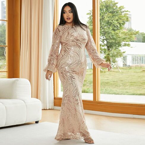 فستان Miss ord نسائي رسمي بمقاس كبير مزين بالترتر ورقبة دائرية طويل على شكل حورية البحر للحفلات الراقصة، بأكمام طويلة على شكل فانوس in Kuwait