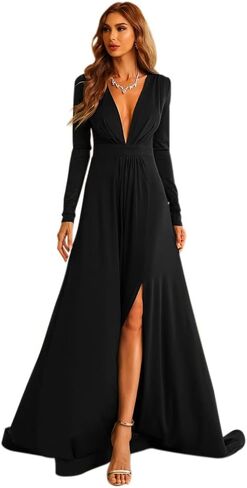 فستان Lin Lin Q نسائي مثير بفتحة رقبة متدلية وفخذ طويل للحفلات الراقصة، فستان سهرة ضيق بأكمام طويلة لالتقاط الصور in Kuwait