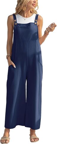 جمبسوت نسائي فضفاض غير رسمي من القطن بدون أكمام قابل للتعديل من Shebote بدلة فضفاضة واسعة الساق وسروال قصير مع جيوب in Kuwait