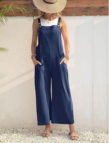 جمبسوت نسائي فضفاض غير رسمي من القطن بدون أكمام قابل للتعديل من Shebote بدلة فضفاضة واسعة الساق وسروال قصير مع جيوب in Kuwait