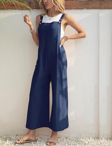 جمبسوت نسائي فضفاض غير رسمي من القطن بدون أكمام قابل للتعديل من Shebote بدلة فضفاضة واسعة الساق وسروال قصير مع جيوب in Kuwait