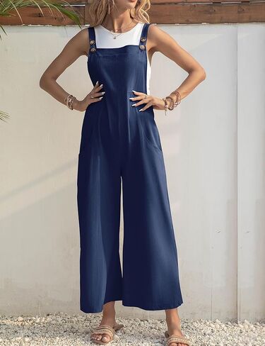 جمبسوت نسائي فضفاض غير رسمي من القطن بدون أكمام قابل للتعديل من Shebote بدلة فضفاضة واسعة الساق وسروال قصير مع جيوب in Kuwait