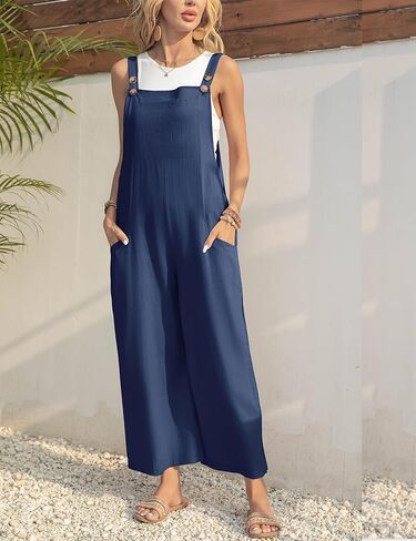 جمبسوت نسائي فضفاض غير رسمي من القطن بدون أكمام قابل للتعديل من Shebote بدلة فضفاضة واسعة الساق وسروال قصير مع جيوب in Kuwait