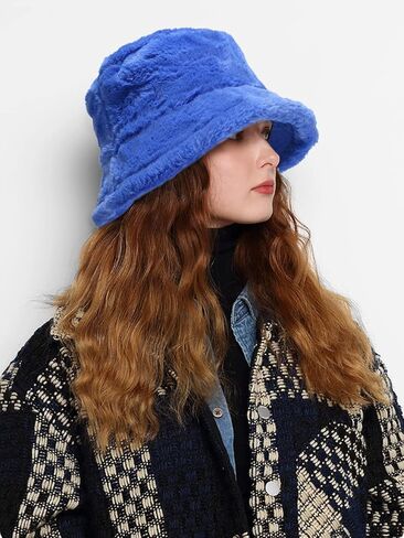 Winter Faux Fur Furry Bucket Hat Fluffy Fuzzy Warm Hat Plush Fisherman Hat for Women Teens Girls in Kuwait