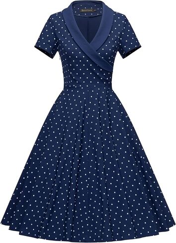 GownTown 1950 Women Dress Shawl Lapel Short Sleeves Cocktail Swing Dress with Pockets in Kuwait