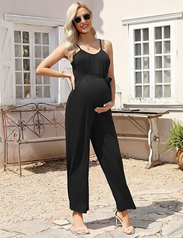FUNJULY Women's Maternity Jumpsuit Wide Leg Sleeveless Adjustable Strap Pockets Casual Romper with Belt in Kuwait