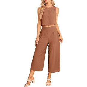 Sucolan Summer Outfits for Women 2 Piece Linen Jumpsuit Cute Tank Top Wide Leg Pants Sets with Pockets