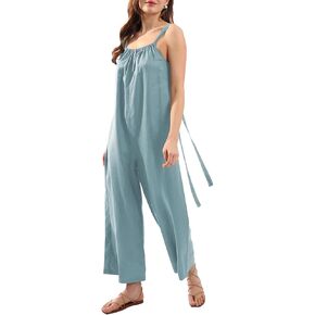 Amazhiyu Womens Pure Linen Loose Sleeveless Back Tie Wide Leg Jumpsuits with Pockets in Saudi Arabia