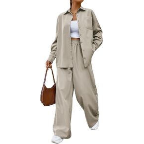 OYOANGLE Women's 2 Piece Button Down Blouse Long Sleeve and Wide Leg Pants with Pocket