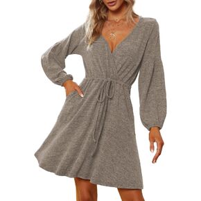 Albe Rita Women Sexy Deep V Neck Balloon Long Sleeve Tie Waist Knit Sweater Mini Dress with Pockets