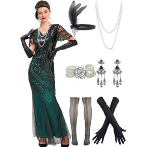 Women Evening Maxi Long Dress 1920s Sequin Mermaid Hem Wedding Prom Gown Costume w/ 20s Gatsby Accessories Set in Kuwait