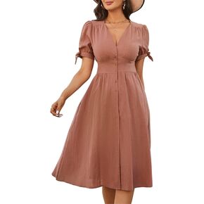 فساتين Zexxxy النسائية كاجوال بأكمام قصيرة/أكمام طويلة وأزرار سفلية ورقبة على شكل V فستان متوسط ​​الطول مع جيوب S-2XL in Kuwait