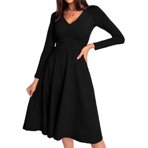 فستان FANDEE نسائي طويل الأكمام ورقبة على شكل حرف V فساتين متوسطة الطول للنساء فساتين الخريف الكاجوال مع جيوب in Kuwait
