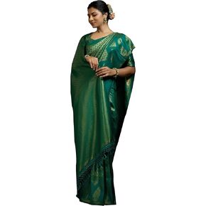 Vardha الساري الهندي للنساء الخام Banarasi Kanjeevaram الحرير ساري | ساري زفاف ديوالي الهندي وبلوزة غير مخيطة in Kuwait