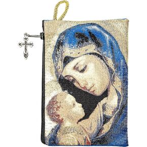 Intercession Hand-Woven, Lined Madonna and Child Rosary Pouch, Made in Turkey with Premium Metallic Thread (Blue - Large) in Kuwait