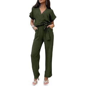 NOLLSOM Women Casual Summer Jumpsuit 2023 Short Sleeve Wrap V Neck Belted Wide Leg Pants Romper with Pockets One Piece Outfit