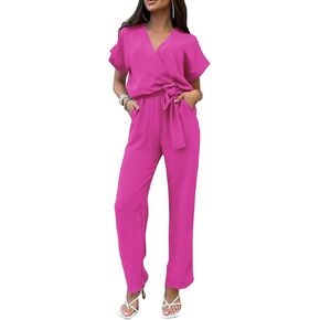 NOLLSOM Women Casual Summer Jumpsuit 2023 Short Sleeve Wrap V Neck Belted Wide Leg Pants Romper with Pockets One Piece Outfit