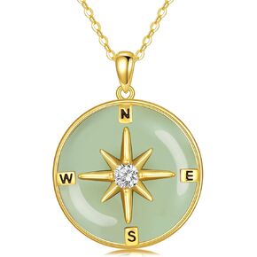 HPQQ Christmas Gifts Compass Necklace 18k Gold Plated Sterling Silver Round Jade Compass Pendant Jewelry for Girls Wife Her Mom
