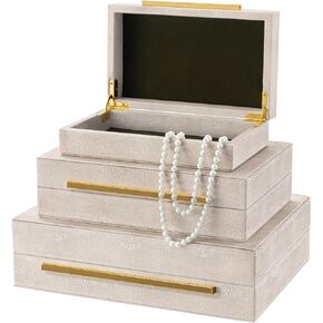 مجموعة من 3 صناديق مجوهرات من Oyydecor، صناديق زخرفية لديكور المنزل، صندوق تخزين مجوهرات من جلد شاغرين صناعي عاجي، صندوق تخزين مزخرف مع أغطية، منظم مجوهرات للرجال والنساء in Kuwait