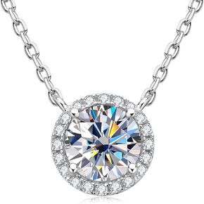 JL LITTLE FOREST Moissanite Necklace for Women, 1-2 CT Solitaire Pendant 925 Sterling Silver Diamond Necklaces Round D-E Color VVS1 Clarity White Gold Plated Necklaces Mother's Day Wedding Gifts for Her