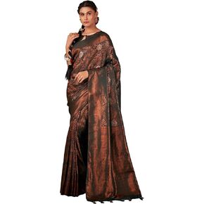فاردا ساري للنساء نحاس زاري باناراسي آرت حرير منسوج ساري | ساري هدية زفاف ديوالي الهندي وبلوزة غير مخيطة in Kuwait