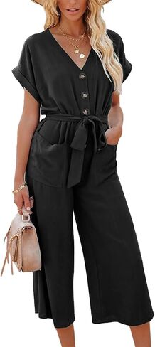 Rooscier Women's V Neck Short Sleeve Button Down Belted Wide Leg Jumpsuit With Pockets in Saudi Arabia