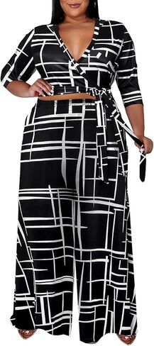 ملابس Tanmolo النسائية ذات الحجم الكبير المكونة من قطعتين وأكمام 3/4 مجموعات متطابقة للصالة واسعة الساق بدلة رياضية مع جيوب in Kuwait