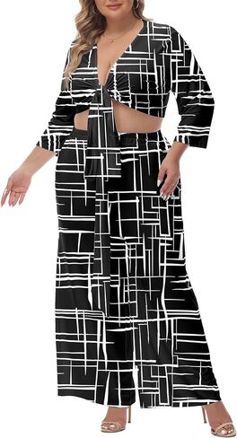 ملابس Tanmolo النسائية ذات الحجم الكبير المكونة من قطعتين وأكمام 3/4 مجموعات متطابقة للصالة واسعة الساق بدلة رياضية مع جيوب in Kuwait