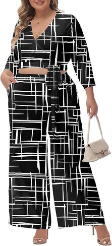 ملابس Tanmolo النسائية ذات الحجم الكبير المكونة من قطعتين وأكمام 3/4 مجموعات متطابقة للصالة واسعة الساق بدلة رياضية مع جيوب in Kuwait