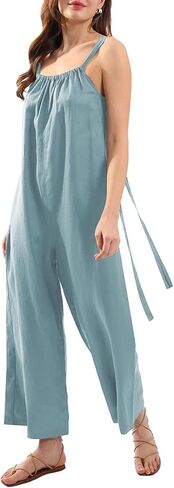 Amazhiyu Womens Pure Linen Loose Sleeveless Back Tie Wide Leg Jumpsuits with Pockets in Saudi Arabia