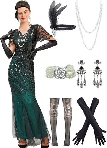 Women Evening Maxi Long Dress 1920s Sequin Mermaid Hem Wedding Prom Gown Costume w/ 20s Gatsby Accessories Set in Kuwait