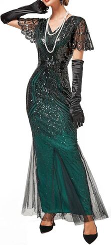 Women Evening Maxi Long Dress 1920s Sequin Mermaid Hem Wedding Prom Gown Costume w/ 20s Gatsby Accessories Set in Kuwait
