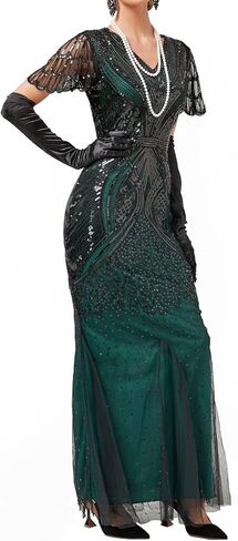 Women Evening Maxi Long Dress 1920s Sequin Mermaid Hem Wedding Prom Gown Costume w/ 20s Gatsby Accessories Set in Kuwait