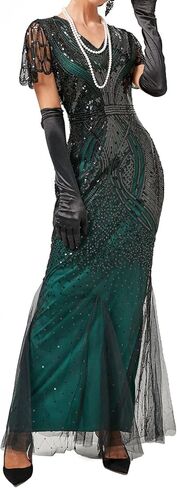 Women Evening Maxi Long Dress 1920s Sequin Mermaid Hem Wedding Prom Gown Costume w/ 20s Gatsby Accessories Set in Kuwait