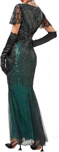 Women Evening Maxi Long Dress 1920s Sequin Mermaid Hem Wedding Prom Gown Costume w/ 20s Gatsby Accessories Set in Kuwait