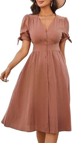 فساتين Zexxxy النسائية كاجوال بأكمام قصيرة/أكمام طويلة وأزرار سفلية ورقبة على شكل V فستان متوسط ​​الطول مع جيوب S-2XL in Kuwait